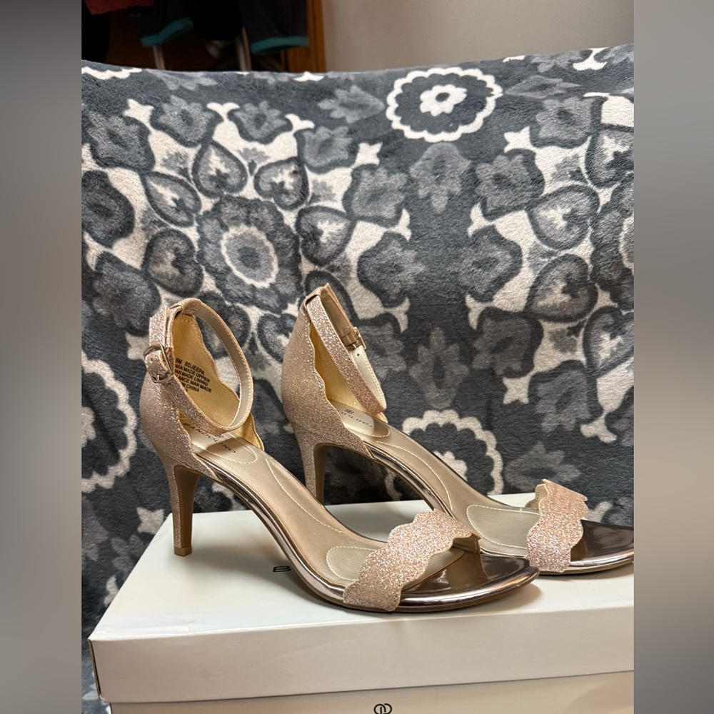 Bandolino Rose Gold Glitter Ankle-Strap Heels
